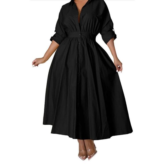 NEW Collar Neck High Waist Flared Button Down Maxi Shirt Dress XL - Picture 7 of 7